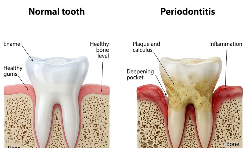 정상 치아와 치주염이 진행된 치아의 치조골 상태 비교를 통해 무절개임플란트 시술이 가능한 건강한 잇몸 뼈 조건을 설명하는 단면도