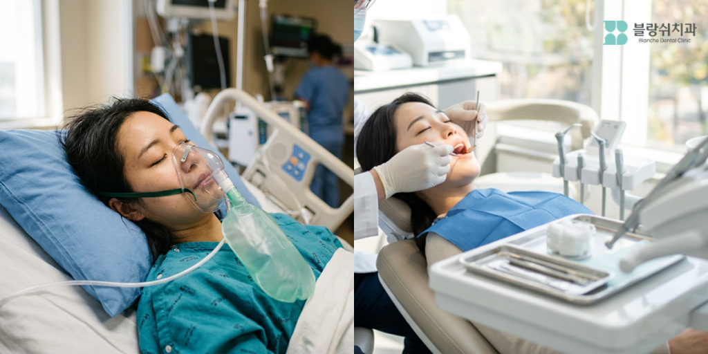 인공호흡이 필요한 전신 마취와 스스로 호흡하며 잠든 상태로 진료받는 수면 치료 치과의 의식하진정법 차이를 비교 설명하는 자료