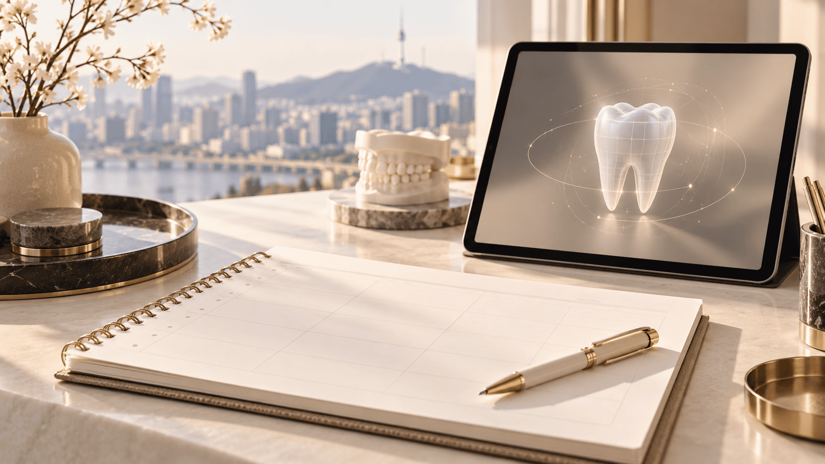 Planning a Veneer Consultation in Seoul Open planner beside a tablet displaying a tooth illustration, with a dental model and Seoul skyline in the background.